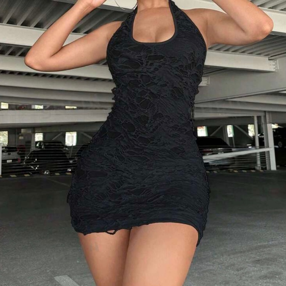 SHEIN Black Ripped Halter Neck Backless Dress